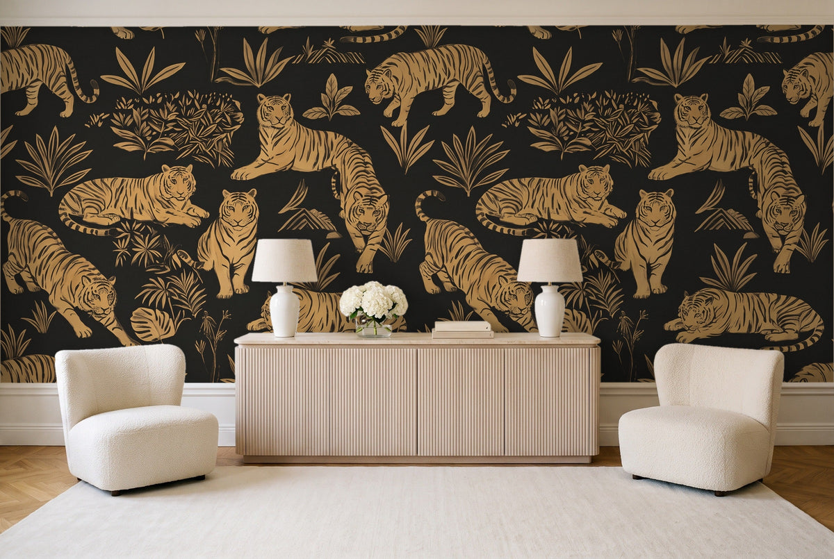 Black And Gold Tiger Animal Mural in a living room
