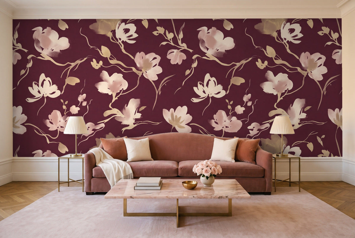 Burgundy Brushstroke Abstract Mural in a living room