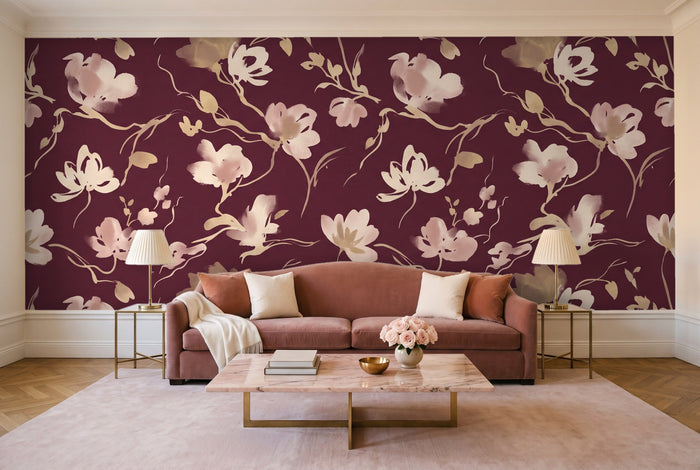 Burgundy Brushstroke Abstract Mural in a living room