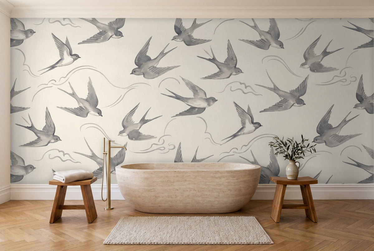Grey Swallow Animal Mural in a bathroom