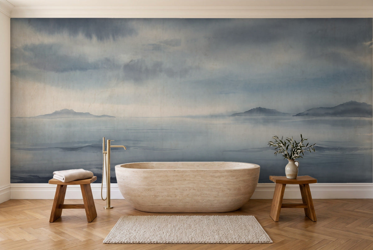 Navy Ocean Landscape Mural in a bathroom