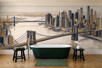 Blue And Gold New York Cityscape Mural in a bathroom