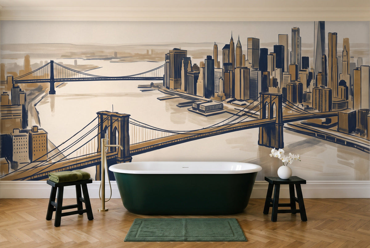 Blue And Gold New York Cityscape Mural in a bathroom