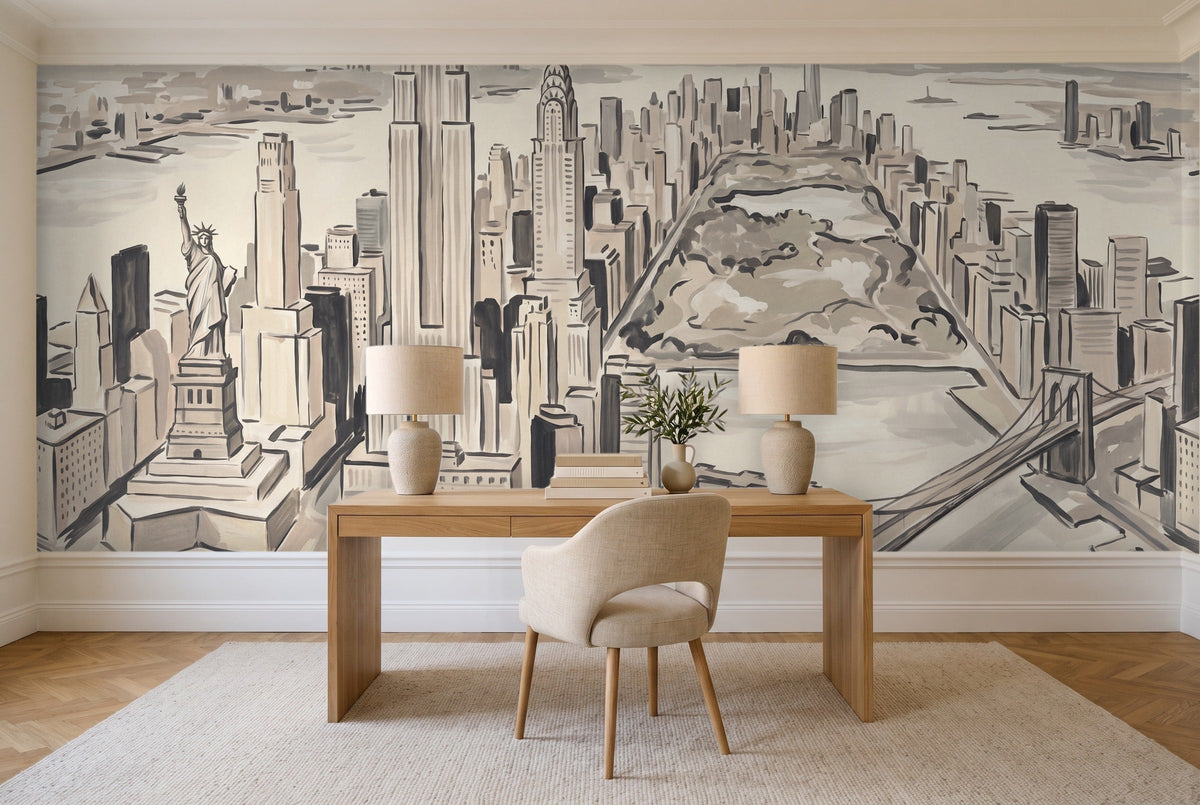Cream New York Cityscape Mural in a home office