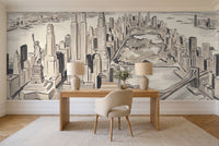 Cream New York Cityscape Mural in a home office