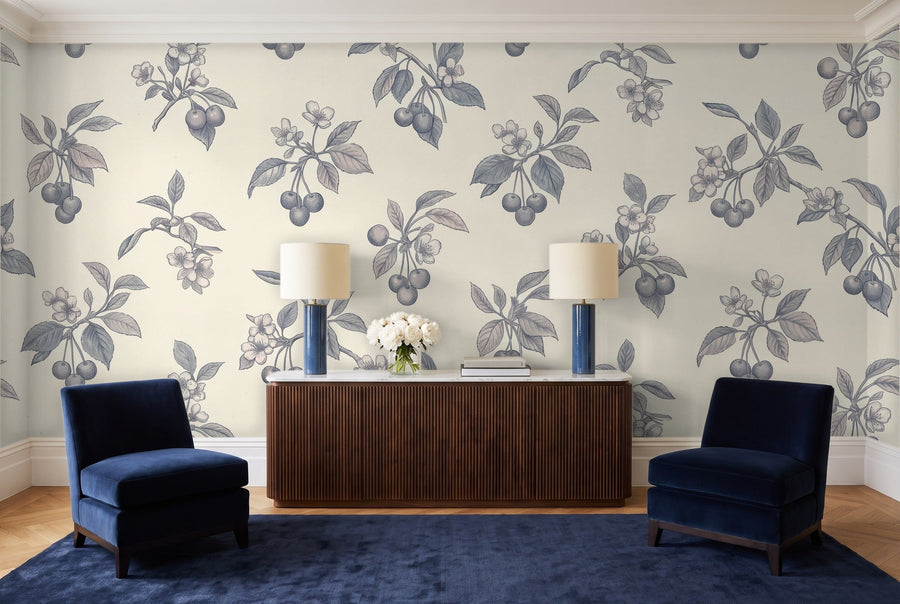 Blue And Grey Cherry Botanical Mural on a wall