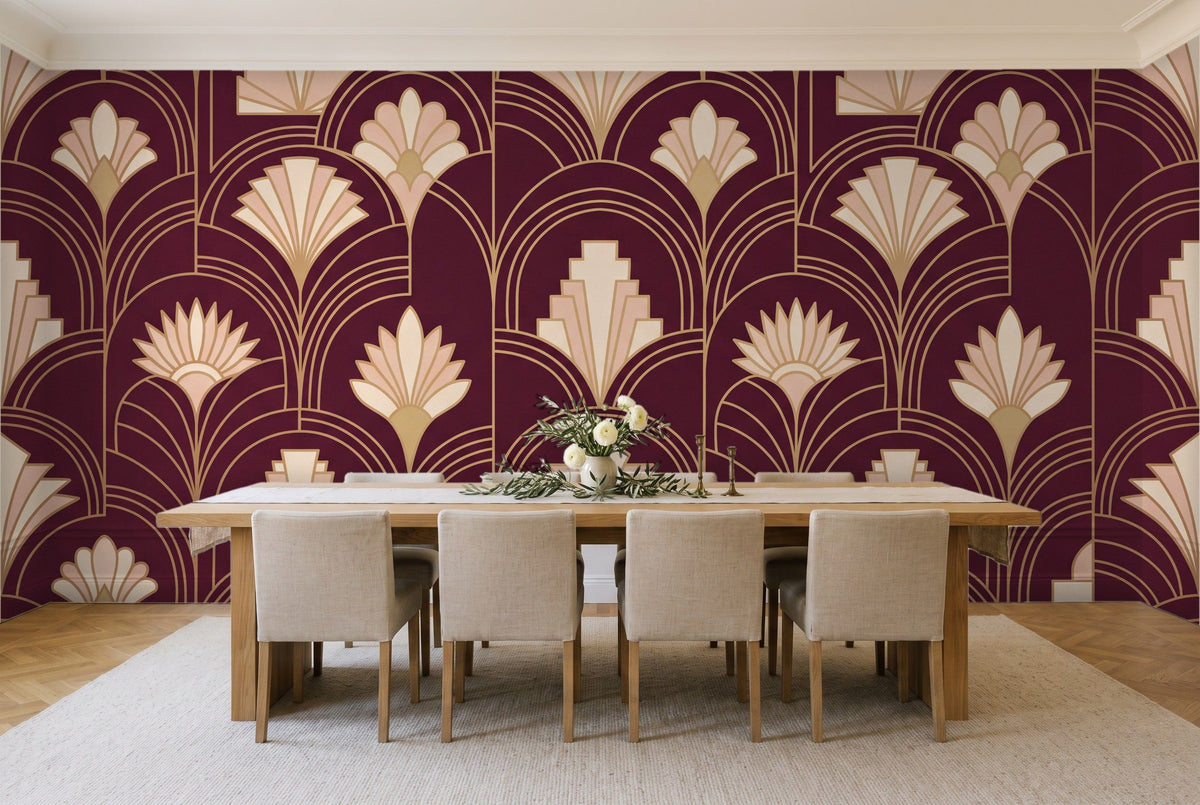 Burgundy Art Deco Mural in a dining room