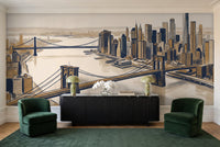 Blue And Gold New York Cityscape Mural in a living room