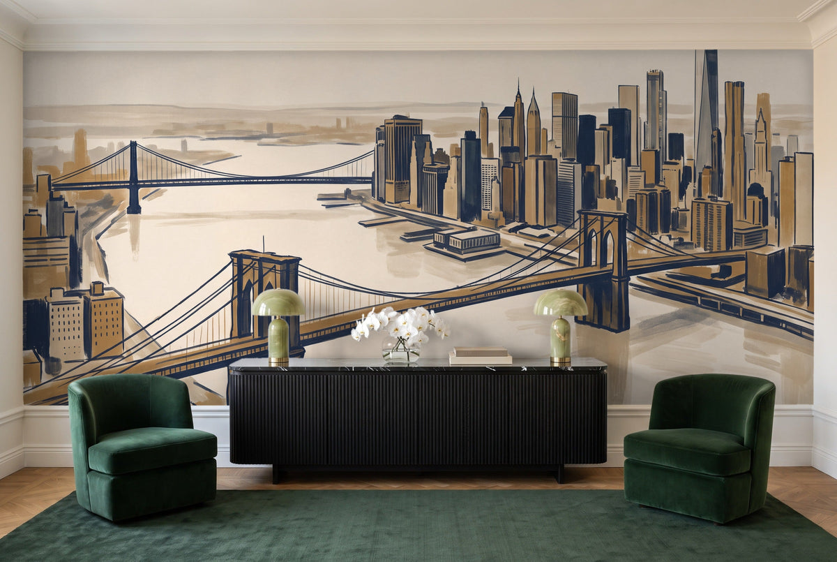Blue And Gold New York Cityscape Mural in a living room
