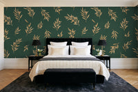 Green And Gold Olive Branch Botanical Mural in a bedroom