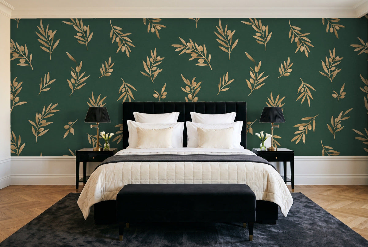 Green And Gold Olive Branch Botanical Mural in a bedroom