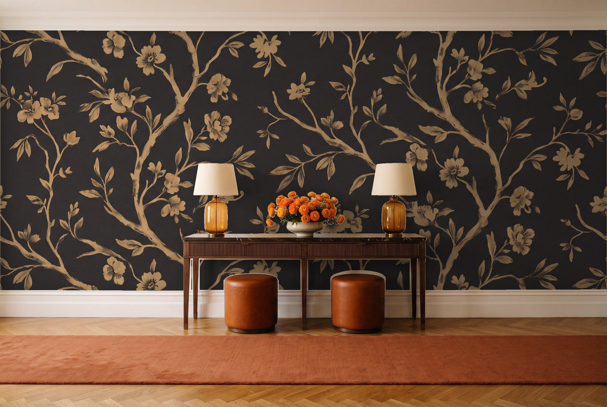 Black And Gold Birch Botanical Mural in an entryway