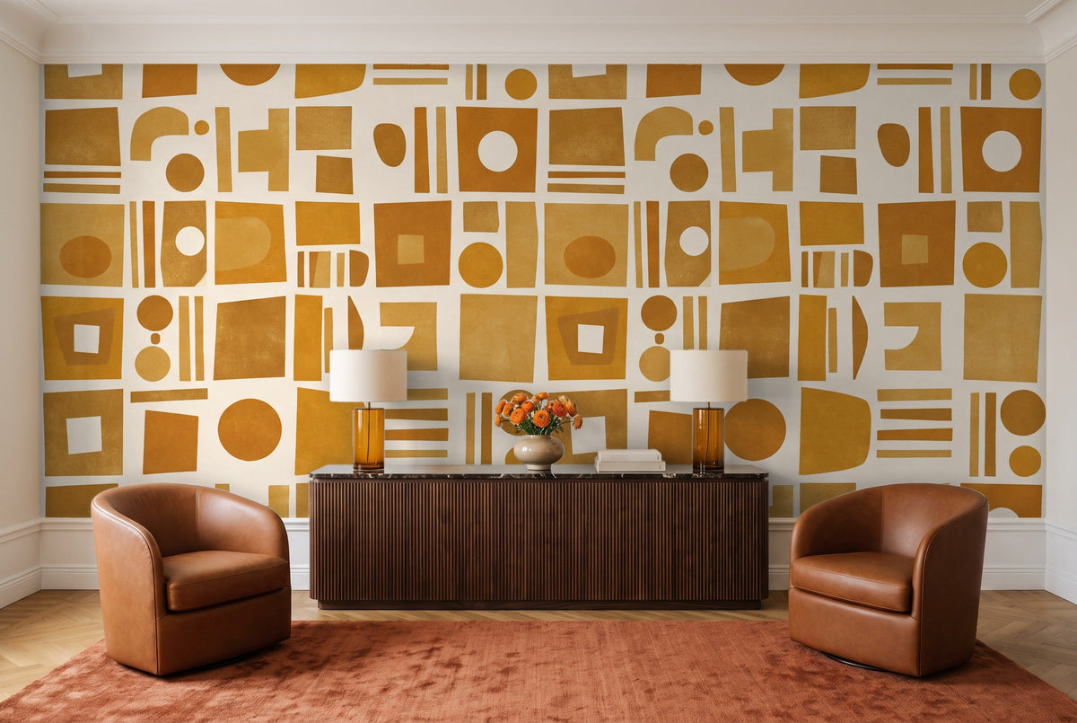 Ochre Grid Geometric Mural in a living room