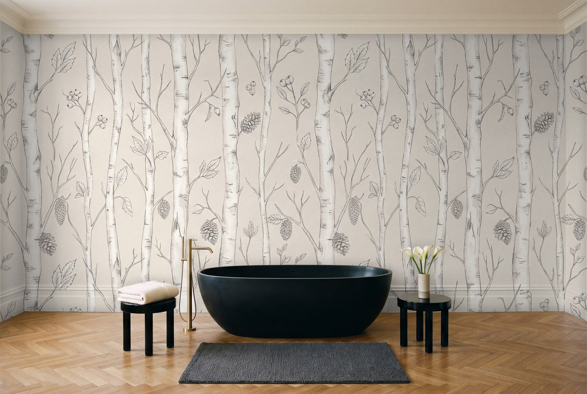 White Birch Botanical Mural in a bathroom