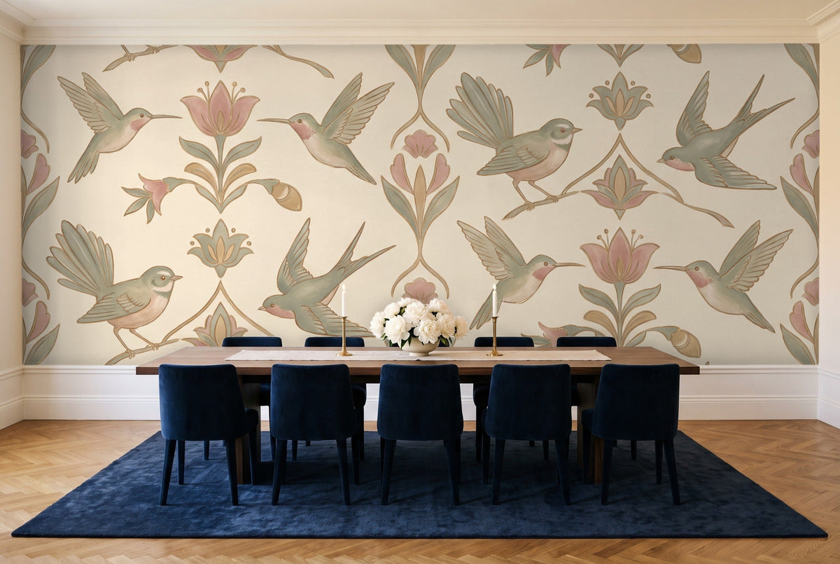 Green And Pink Songbird Animal Mural in a dining room