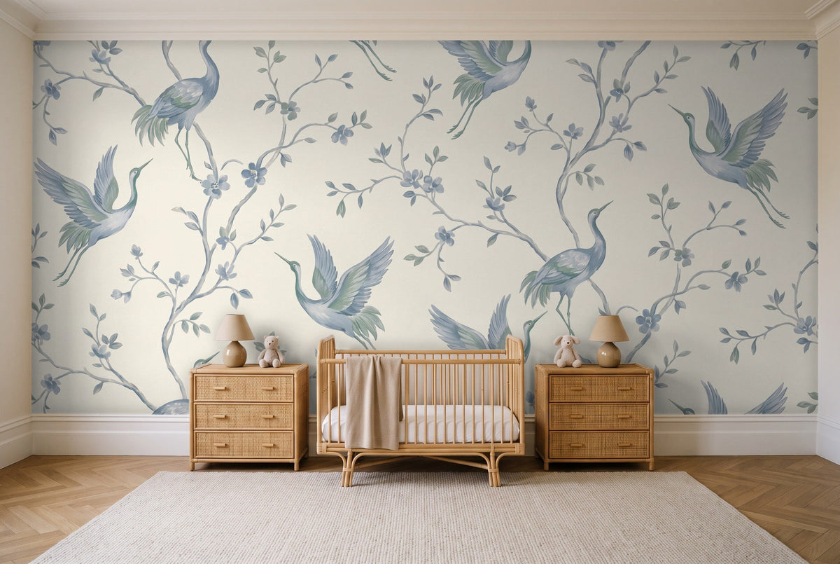 Blue Crane Animal Mural in a nursery