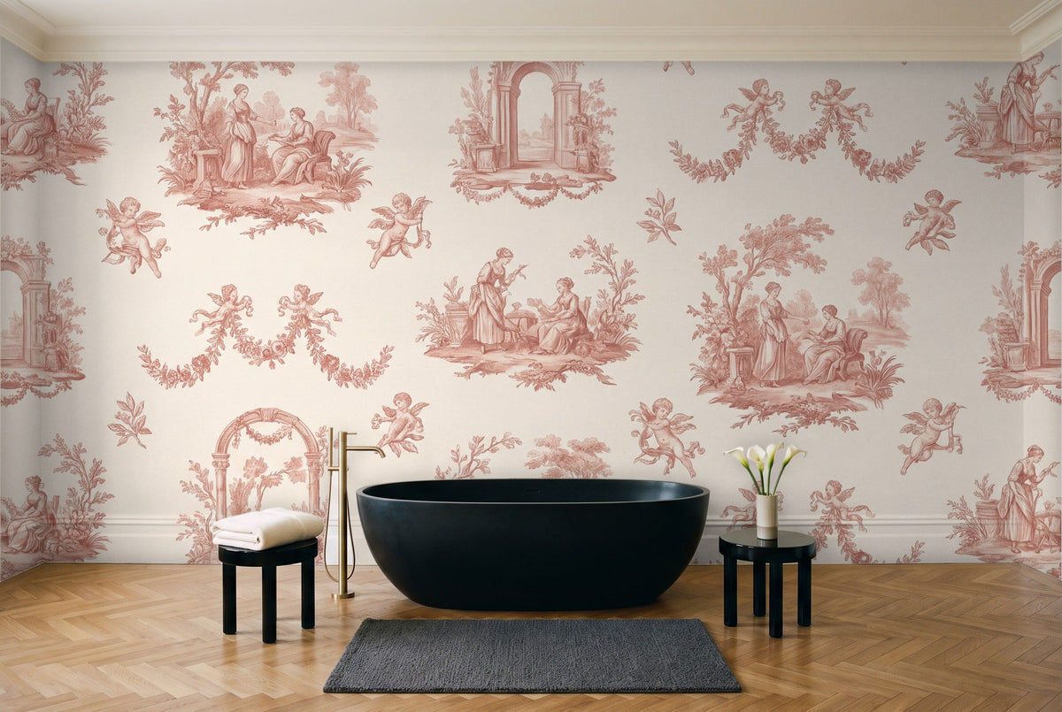 Blush Toile Mural in a bathroom