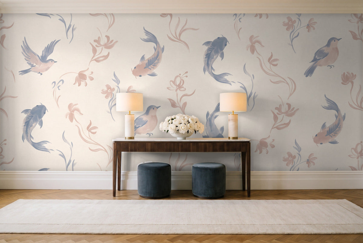 Blue And Pink Fish Animal Mural in an entryway