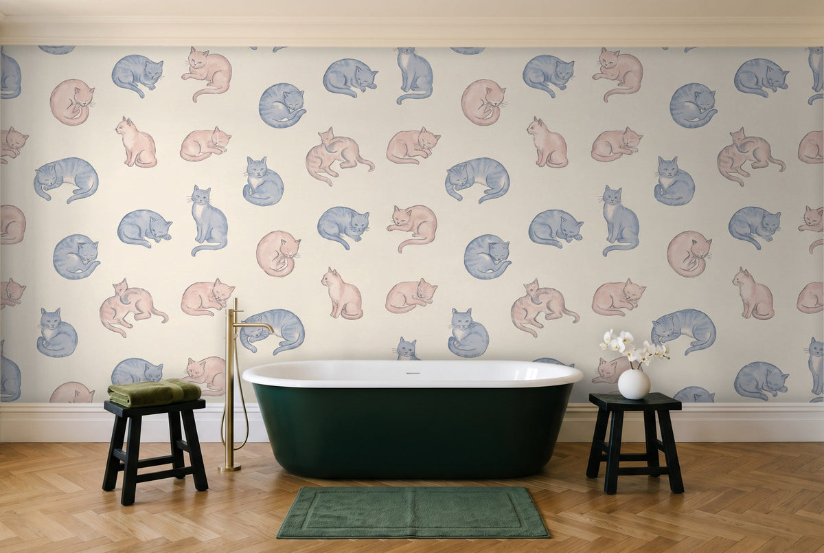 Blue And Pink Cat Animal Mural in a bathroom