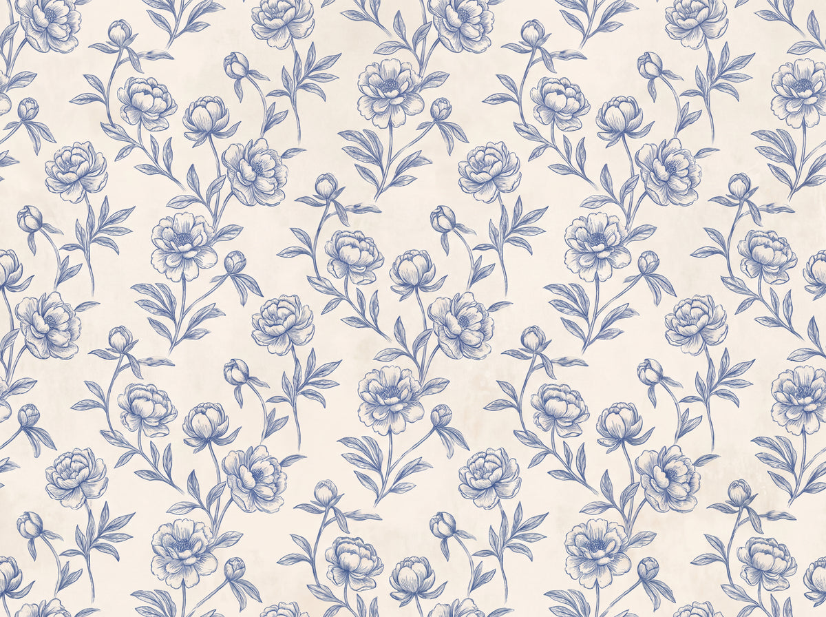 Blue And White Peony Floral Mural design