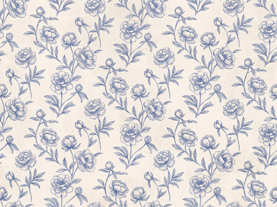 Blue And White Peony Floral Mural
