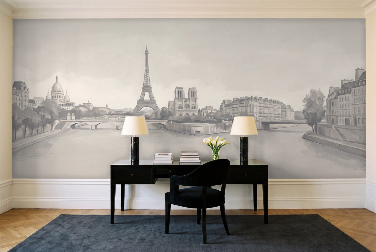Grey Paris Cityscape Mural in a home office
