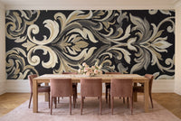 Black Damask Mural in a dining room