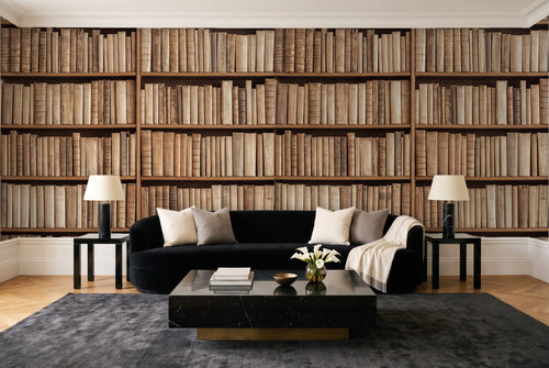 Beige Bookshelf Library Mural in a living room