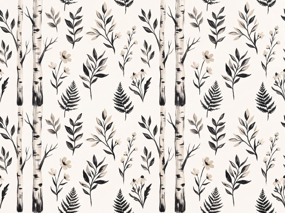 Black And White Birch Botanical Mural placed in your room