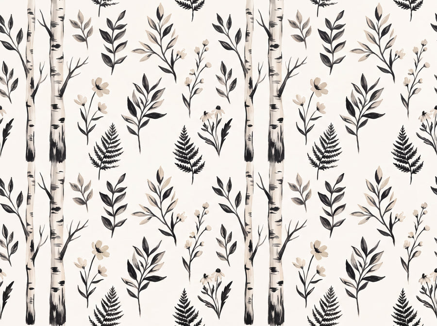 Black And White Birch Botanical Mural