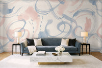 Blue And Pink Brushstroke Abstract Mural in a living room