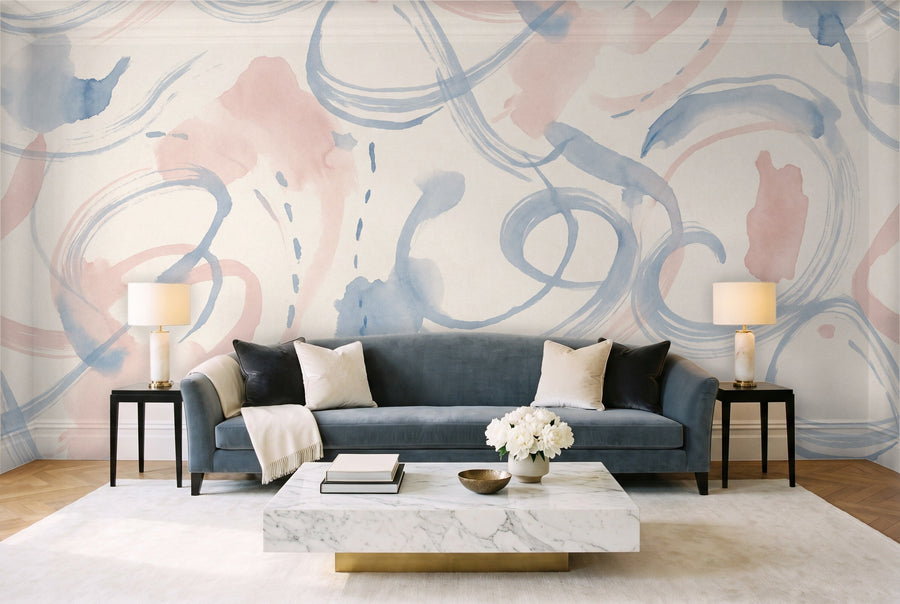 Blue And Pink Brushstroke Abstract Mural on a wall
