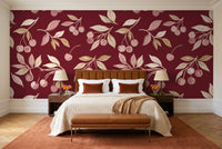 Burgundy Cherry Botanical Mural in a bedroom