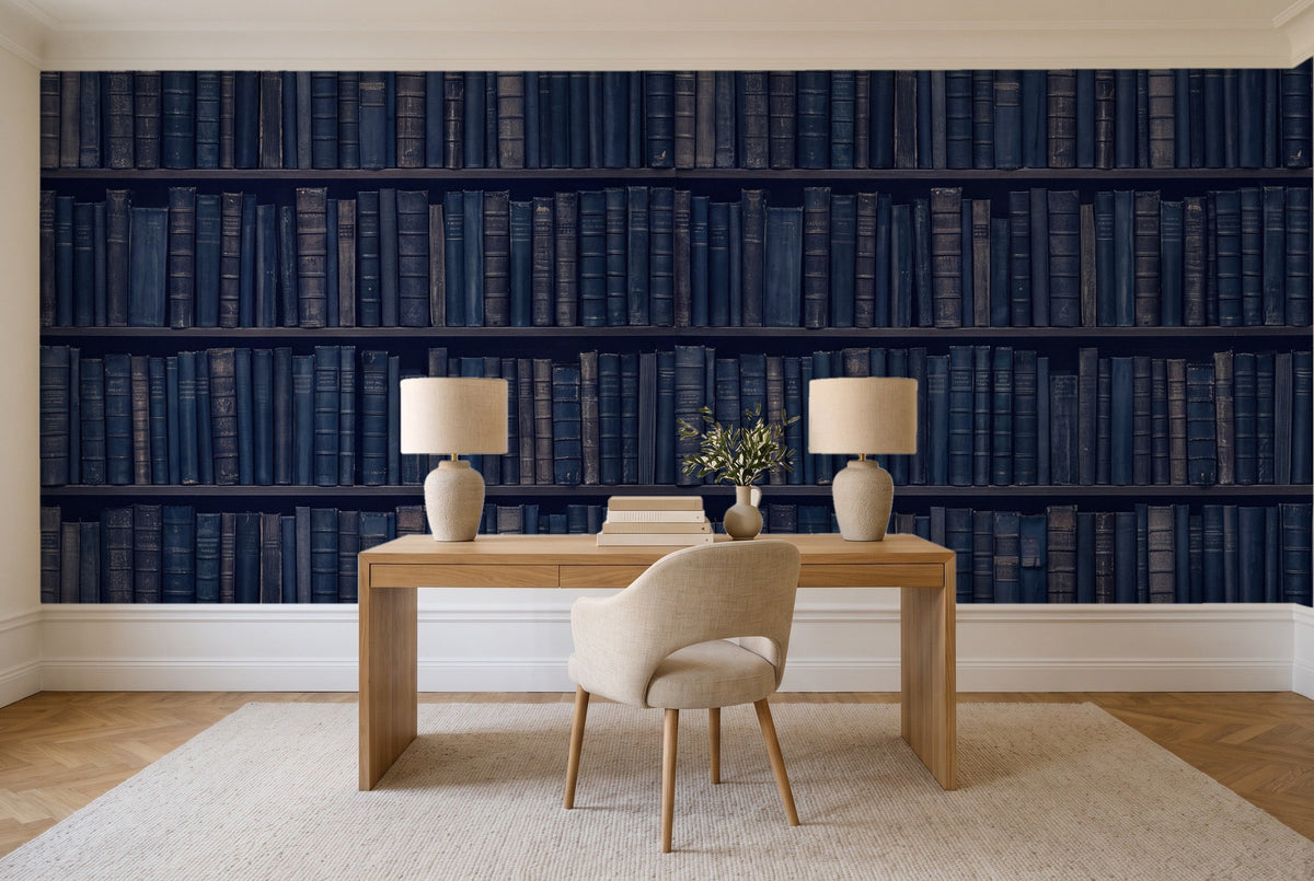 Navy Bookshelf Library Mural in a home office