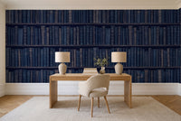 Navy Bookshelf Library Mural in a home office