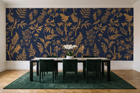 Blue And Gold Fern Botanical Mural in a dining room