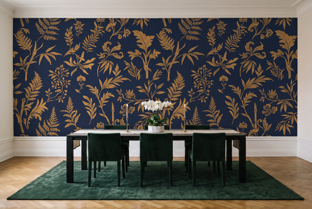Blue And Gold Fern Botanical Mural in a dining room