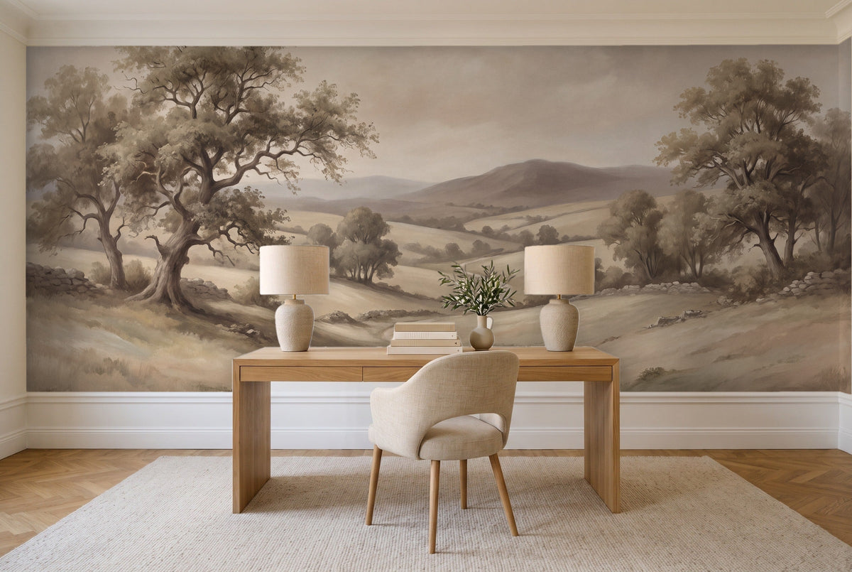 Beige Countryside Landscape Mural in a home office