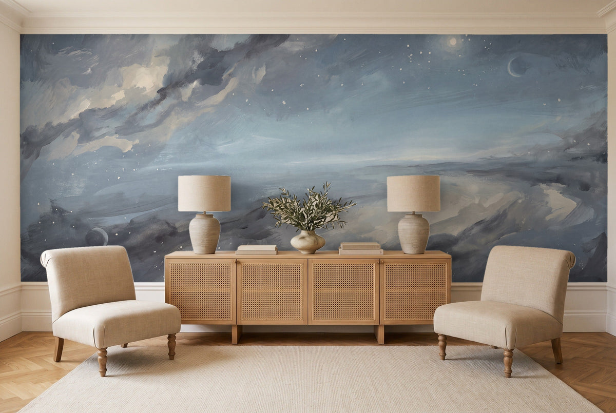 Blue Galaxy Celestial Mural in a living room
