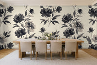 Black Peony Floral Mural in a dining room