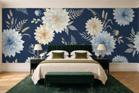 Navy Dahlia Floral Mural in a bedroom