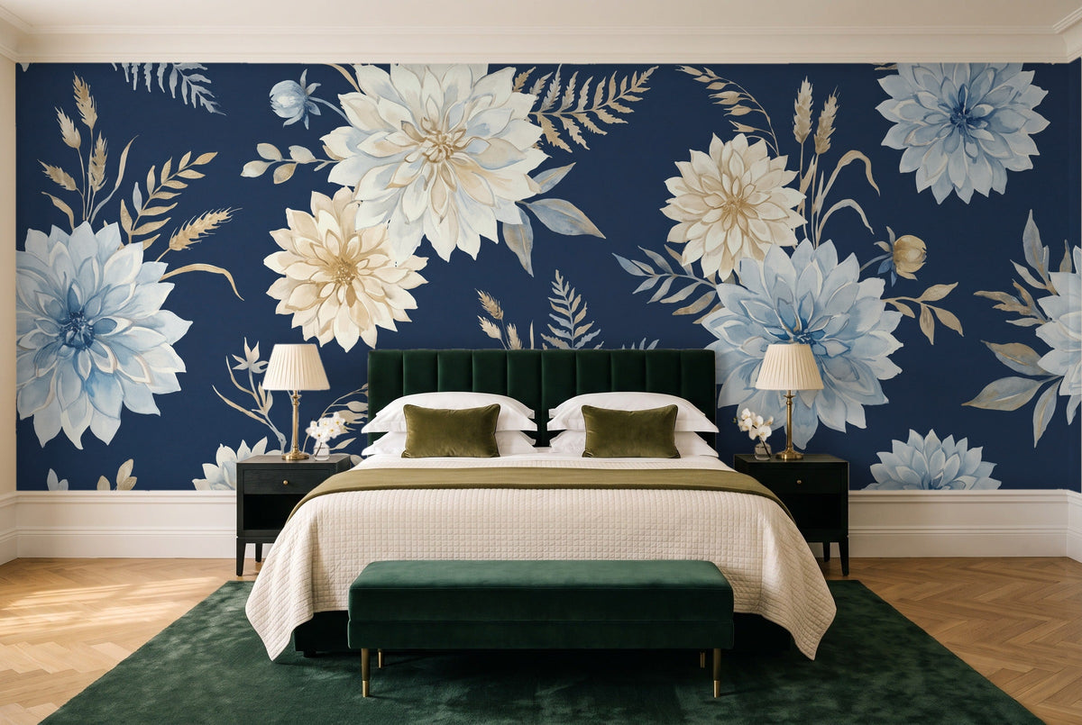 Navy Dahlia Floral Mural in a bedroom