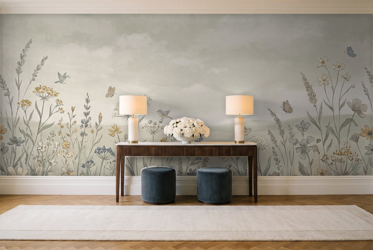 Sage Wildflower Meadow Floral Mural in an entryway