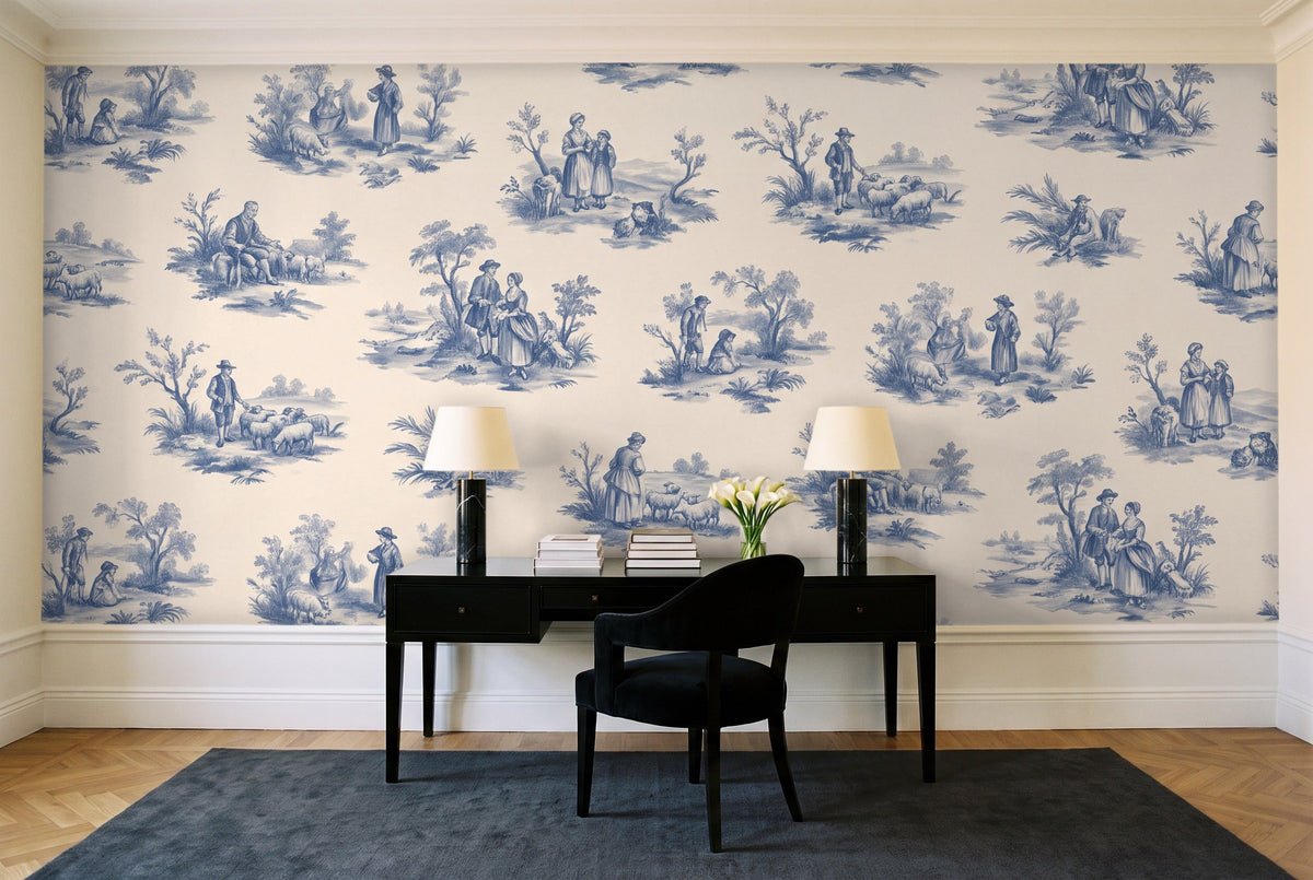 Blue And White Toile Mural in a home office