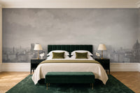 Grey City Cityscape Mural in a bedroom