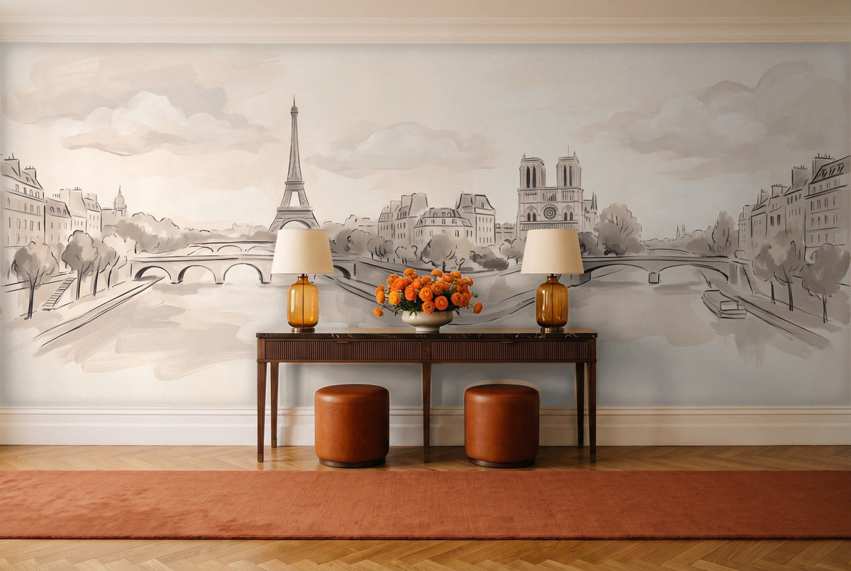 Cream Paris Cityscape Mural in an entryway