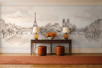 Cream Paris Cityscape Mural in an entryway