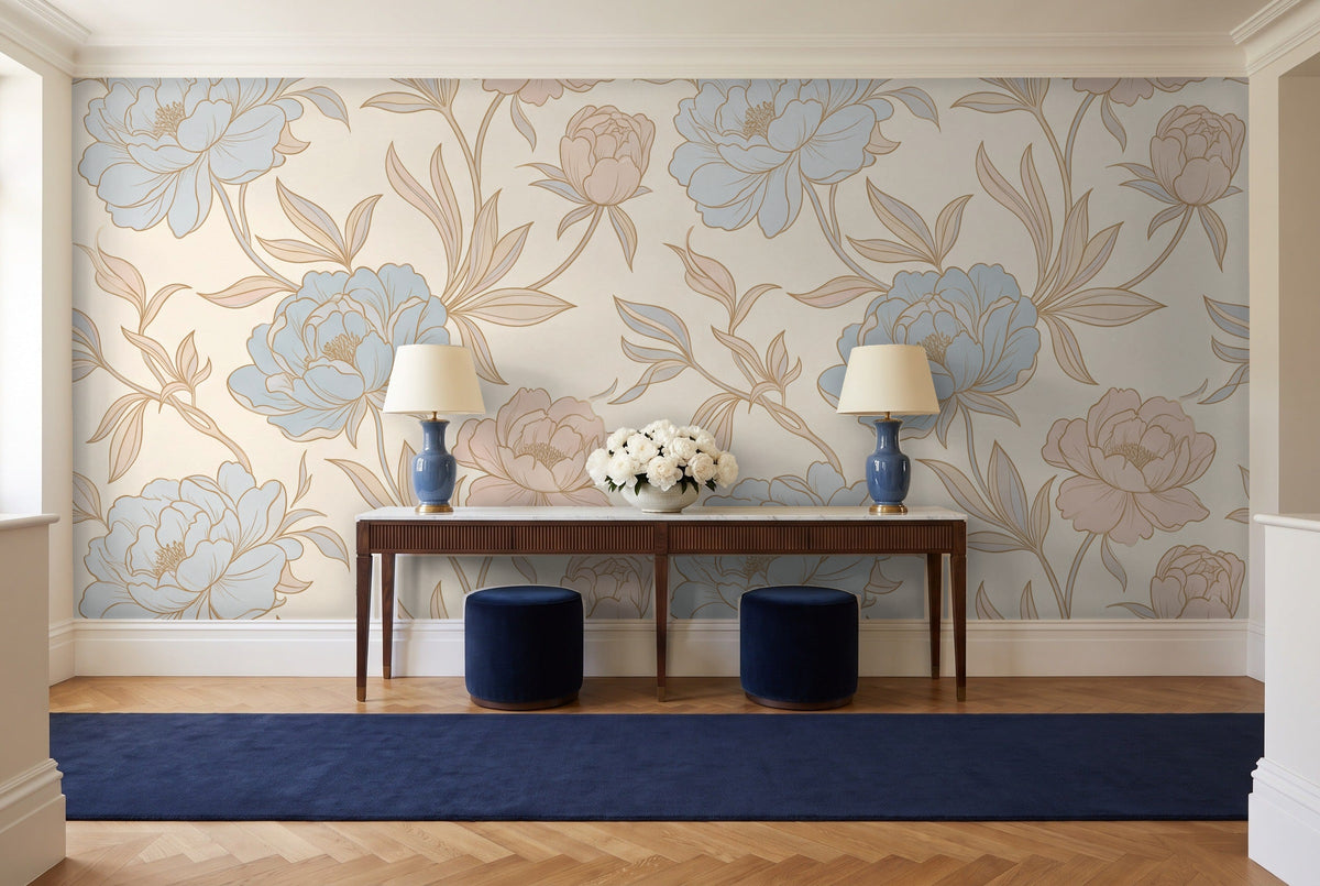 Blue And Pink Peony Floral Mural in an entryway