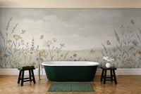 Sage Wildflower Meadow Floral Mural in a bathroom