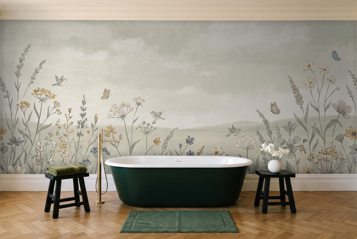 Sage Wildflower Meadow Floral Mural in a bathroom